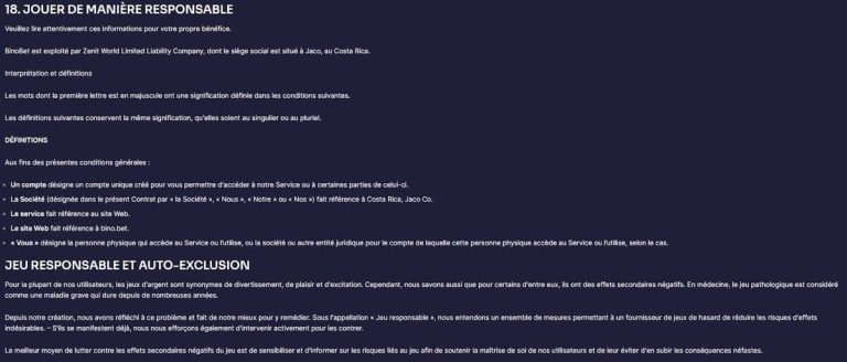 Binobet Casino jeu responsable